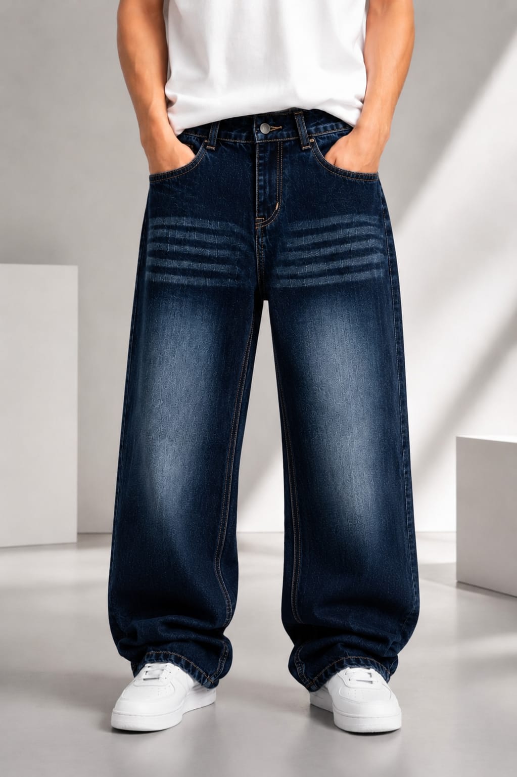 Men's Dark Blue Baggy Fit Jeans for Men | Wide Leg Loose Fit Denim Pants | Premium Washed Casual Streetwear Jeans