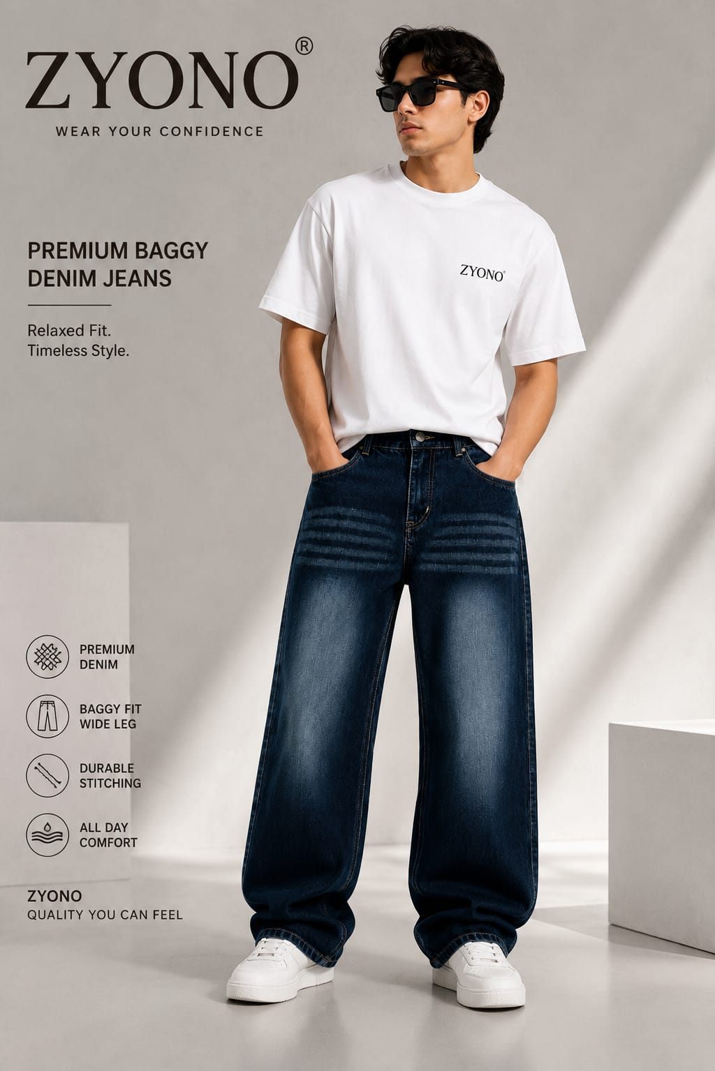 Men's Dark Blue Baggy Fit Jeans for Men | Wide Leg Loose Fit Denim Pants | Premium Washed Casual Streetwear Jeans