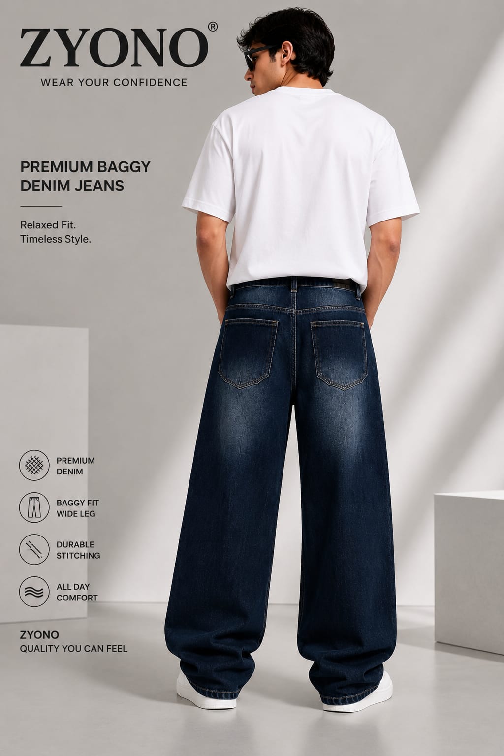 Men's Dark Blue Baggy Fit Jeans for Men | Wide Leg Loose Fit Denim Pants | Premium Washed Casual Streetwear Jeans